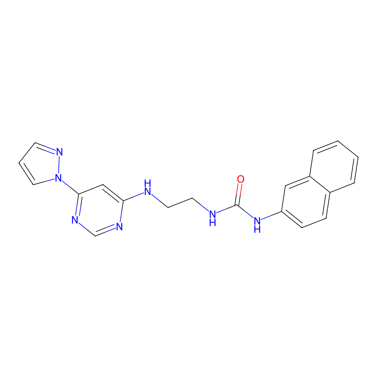1-(2-((6-(1H-pyrazol-1-yl)pyrimidin-4-yl)amino)ethyl)-3-(naphthalen-2-yl)urea molecular structure, CAS 1170062-40-4