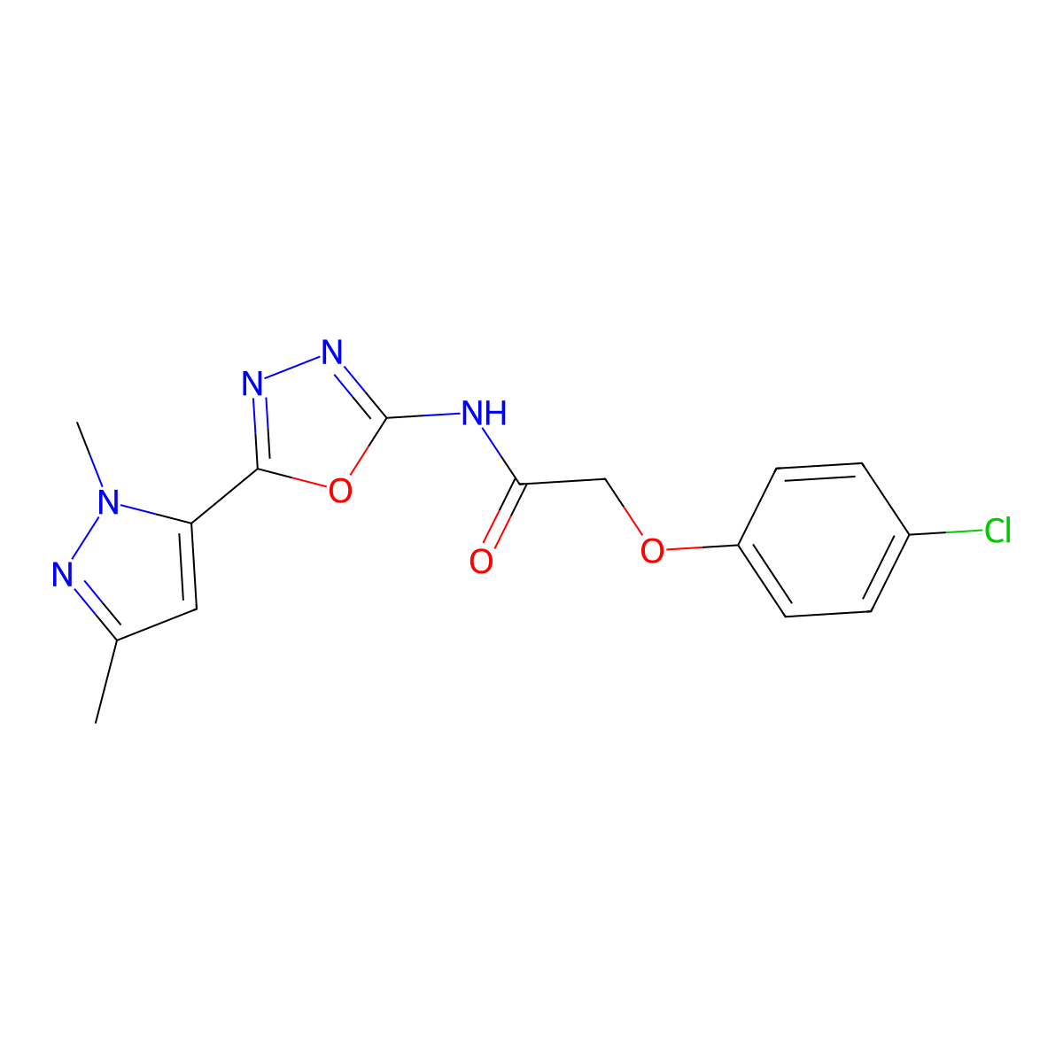 2-(4-chlorophenoxy)-N-[5-(1,3-dimethyl-1H-pyrazol-5-yl)-1,3,4-oxadiazol-2-yl]acetamide molecular structure, CAS 1170063-38-3