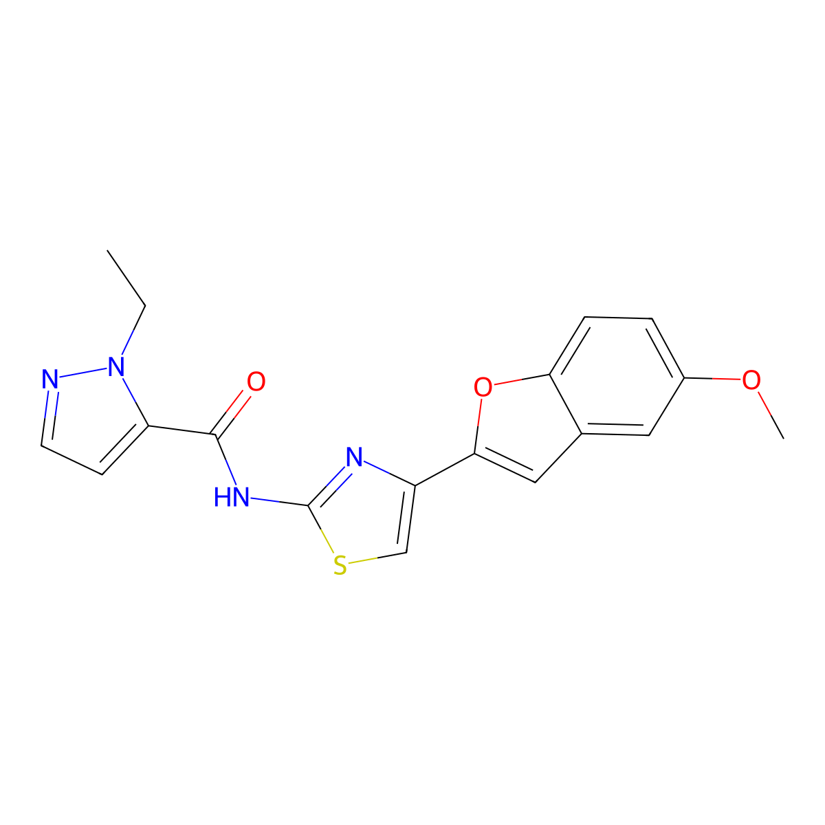 1-ethyl-N-(4-(5-methoxybenzofuran-2-yl)thiazol-2-yl)-1H-pyrazole-5-carboxamide molecular structure, CAS 1170064-15-9