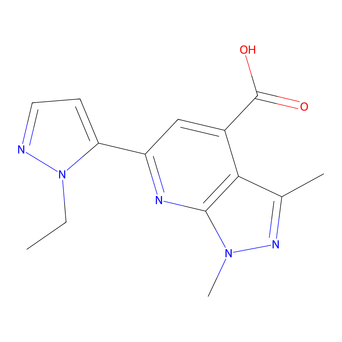 6-(1-ethyl-1H-pyrazol-5-yl)-1,3-dimethyl-1H-pyrazolo[3,4-b]pyridine-4-carboxylic acid molecular structure, CAS 1170064-23-9