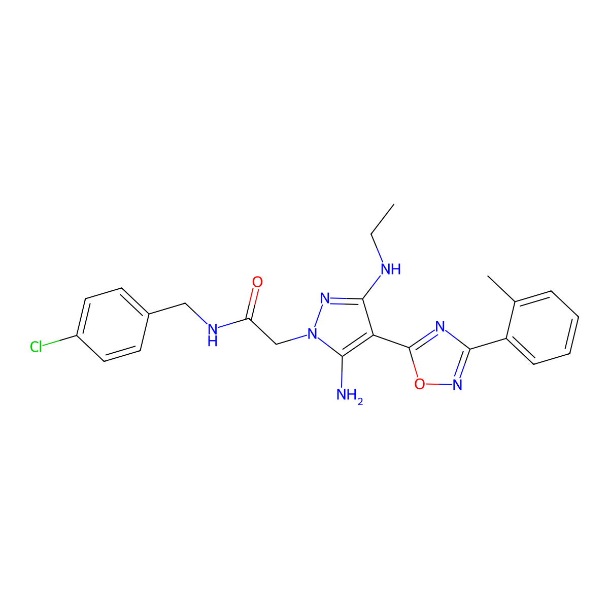 2-(5-amino-3-(ethylamino)-4-(3-(o-tolyl)-1,2,4-oxadiazol-5-yl)-1H-pyrazol-1-yl)-N-(4-chlorobenzyl)acetamide molecular structure, CAS 1170066-02-0