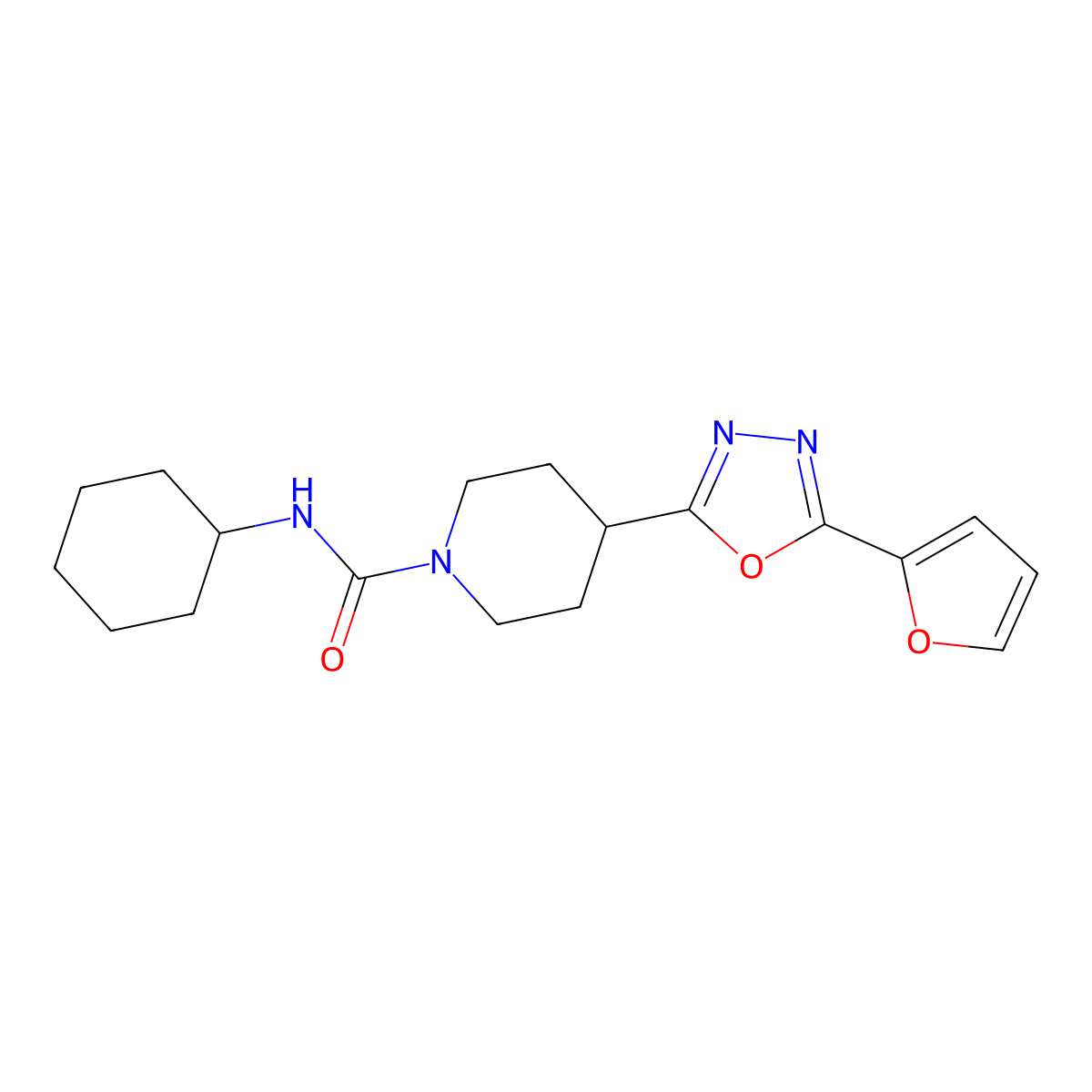 N-cyclohexyl-4-[5-(furan-2-yl)-1,3,4-oxadiazol-2-yl]piperidine-1-carboxamide molecular structure, CAS 1170067-14-7