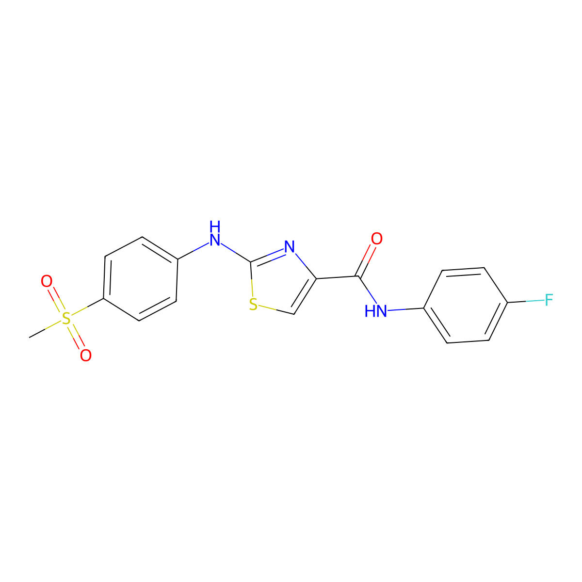 N-(4-fluorophenyl)-2-((4-(methylsulfonyl)phenyl)amino)thiazole-4-carboxamide molecular structure, CAS 1170068-63-9
