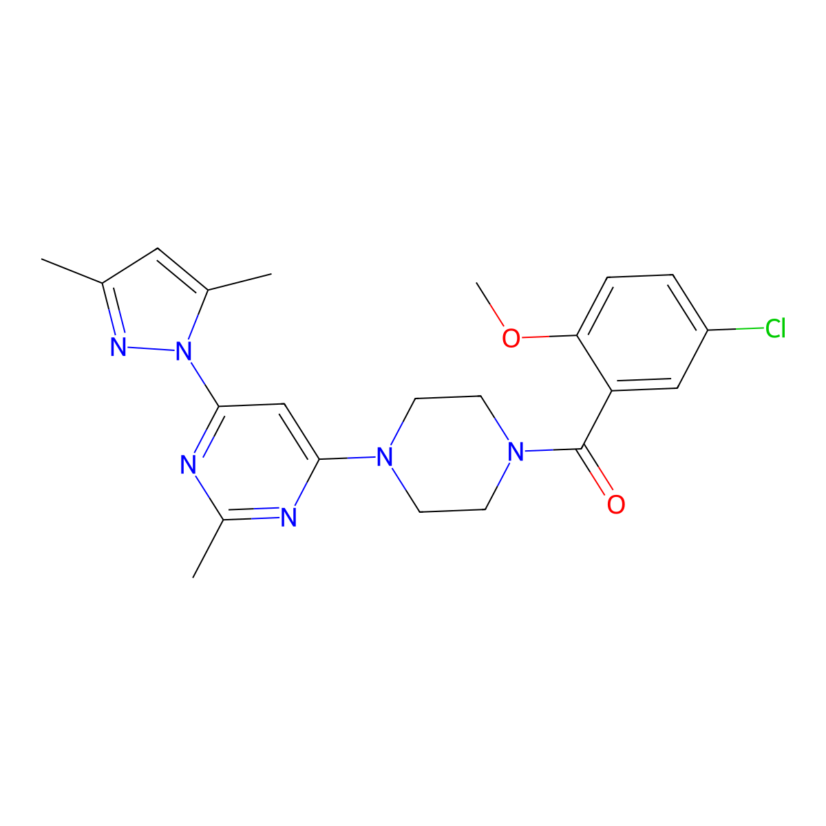 (5-chloro-2-methoxyphenyl)(4-(6-(3,5-dimethyl-1H-pyrazol-1-yl)-2-methylpyrimidin-4-yl)piperazin-1-yl)methanone molecular structure, CAS 1170068-70-8