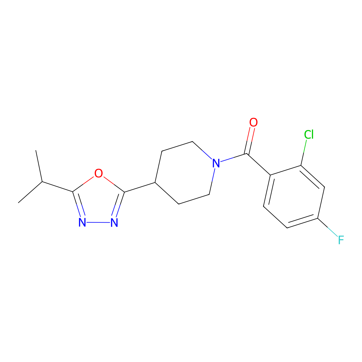 (2-Chloro-4-fluorophenyl)(4-(5-isopropyl-1,3,4-oxadiazol-2-yl)piperidin-1-yl)methanone molecular structure, CAS 1170073-65-0
