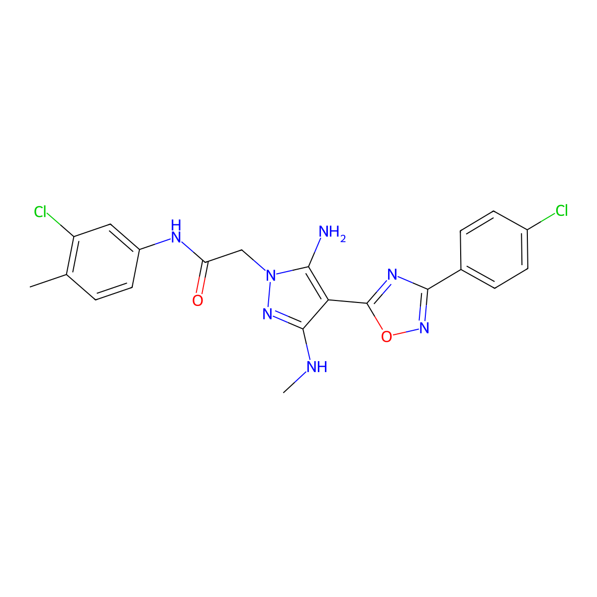 2-{5-amino-4-[3-(4-chlorophenyl)-1,2,4-oxadiazol-5-yl]-3-(methylamino)-1H-pyrazol-1-yl}-N-(3-chloro-4-methylphenyl)acetamide molecular structure, CAS 1170076-51-3