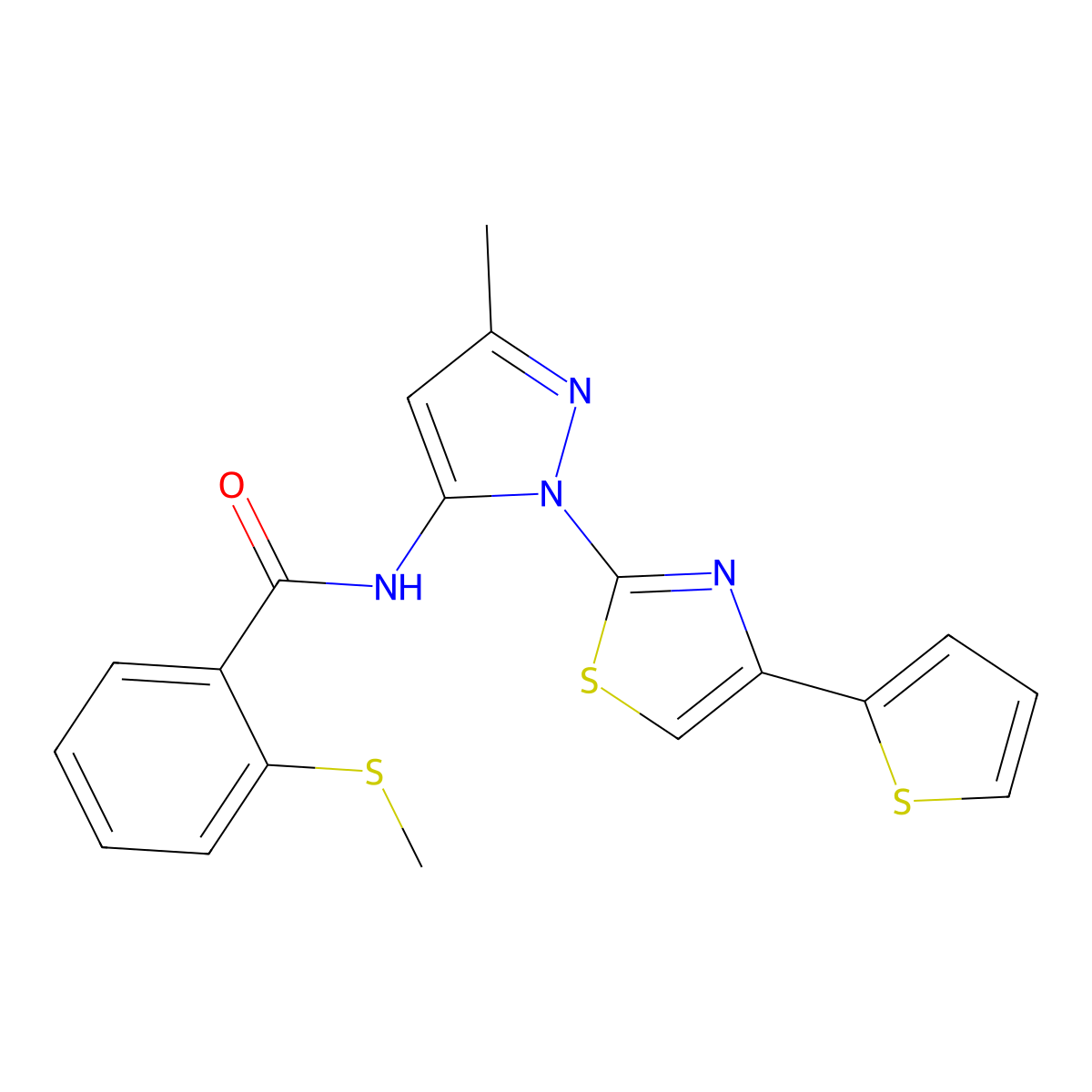 N-(3-methyl-1-(4-(thiophen-2-yl)thiazol-2-yl)-1H-pyrazol-5-yl)-2-(methylthio)benzamide molecular structure, CAS 1170077-26-5