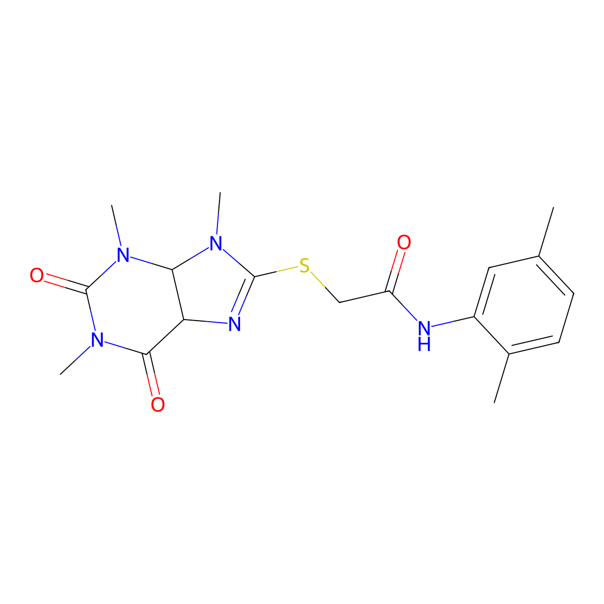 N-(2,5-dimethylphenyl)-2-((1,3,9-trimethyl-2,6-dioxo-2,3,4,5,6,9-hexahydro-1H-purin-8-yl)thio)acetamide molecular structure, CAS 1170078-04-2