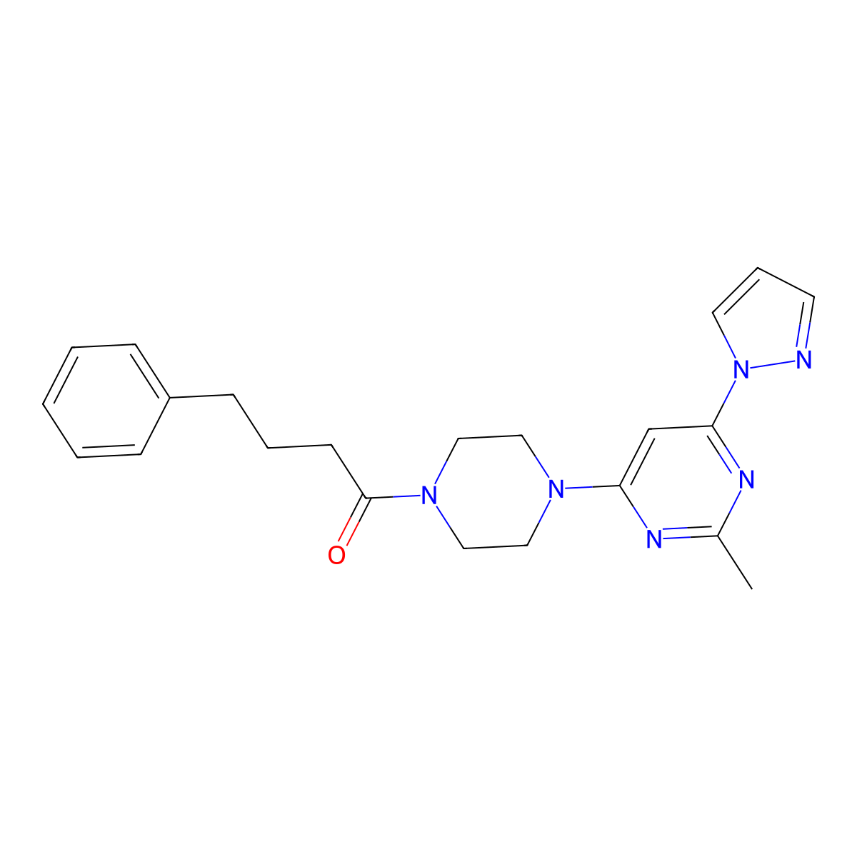 1-(4-(2-methyl-6-(1H-pyrazol-1-yl)pyrimidin-4-yl)piperazin-1-yl)-4-phenylbutan-1-one molecular structure, CAS 1170080-37-1