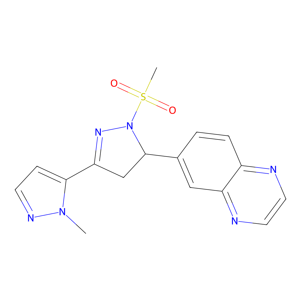 1-methanesulfonyl-2'-methyl-5-(quinoxalin-6-yl)-4,5-dihydro-1H,2'H-3,3'-bipyrazole molecular structure, CAS 1170080-82-6