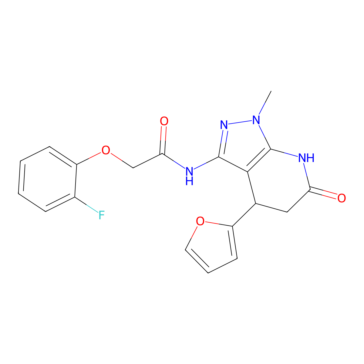 2-(2-fluorophenoxy)-N-(4-(furan-2-yl)-1-methyl-6-oxo-4,5,6,7-tetrahydro-1H-pyrazolo[3,4-b]pyridin-3-yl)acetamide molecular structure, CAS 1170085-26-3