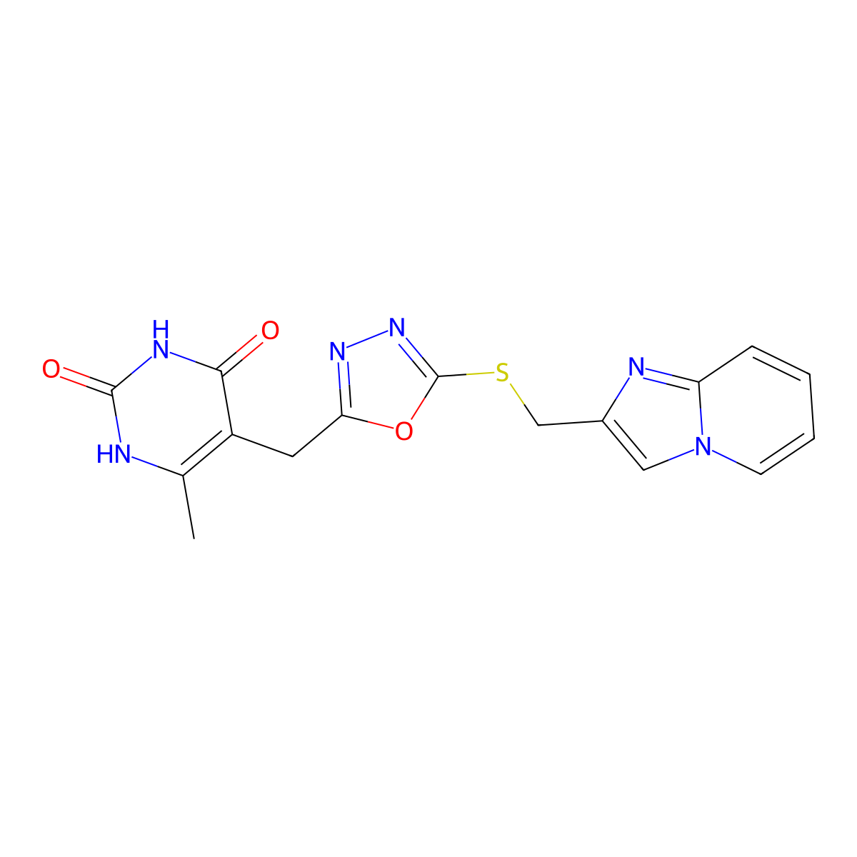5-((5-((imidazo[1,2-a]pyridin-2-ylmethyl)thio)-1,3,4-oxadiazol-2-yl)methyl)-6-methylpyrimidine-2,4(1H,3H)-dione molecular structure, CAS 1170085-35-4