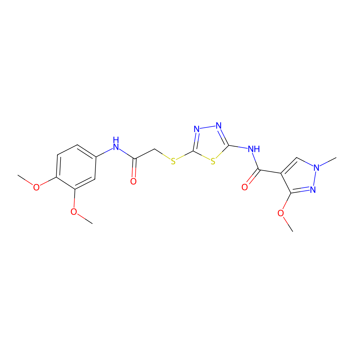 N-(5-((2-((3,4-dimethoxyphenyl)amino)-2-oxoethyl)thio)-1,3,4-thiadiazol-2-yl)-3-methoxy-1-methyl-1H-pyrazole-4-carboxamide molecular structure, CAS 1170085-56-9