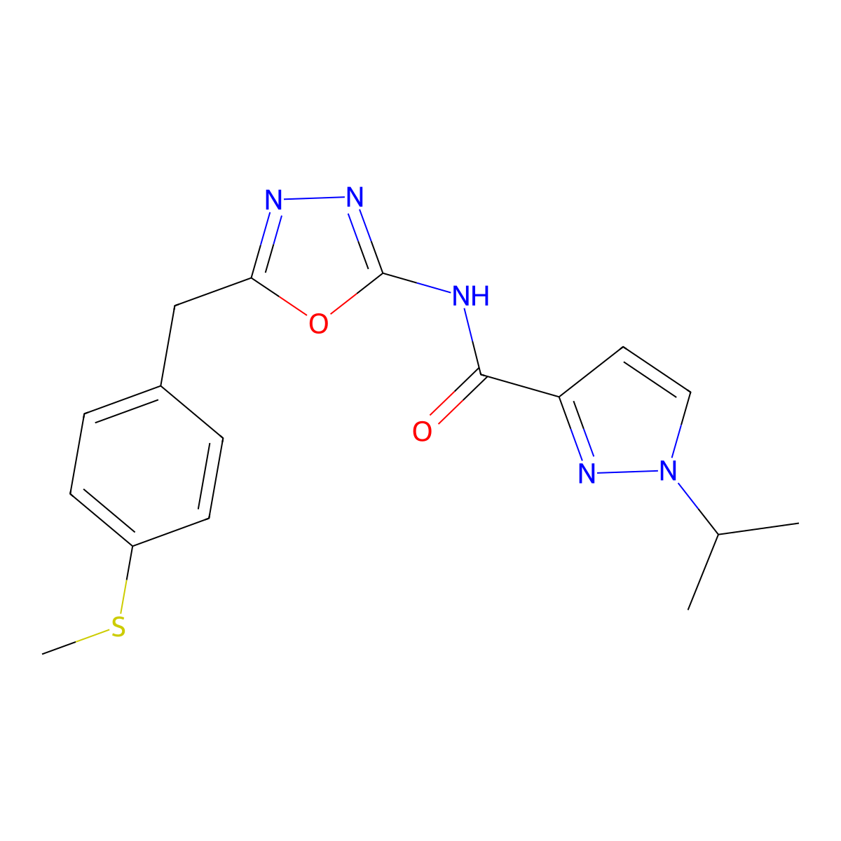 1-isopropyl-N-(5-(4-(methylthio)benzyl)-1,3,4-oxadiazol-2-yl)-1H-pyrazole-3-carboxamide molecular structure, CAS 1170087-32-7