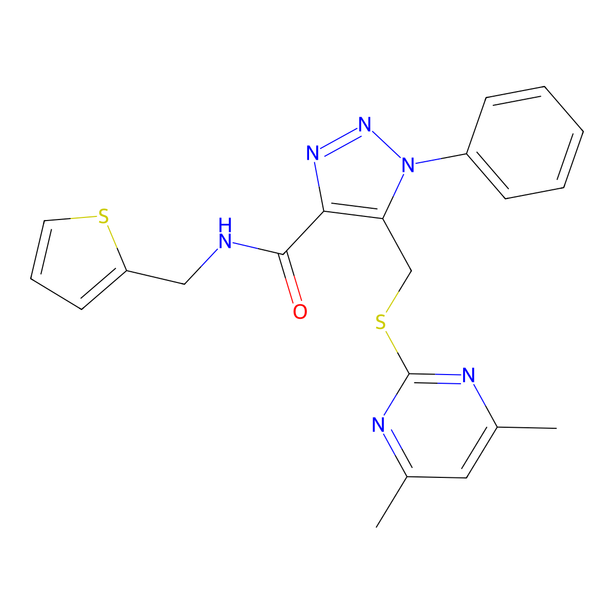 5-(((4,6-dimethylpyrimidin-2-yl)thio)methyl)-1-phenyl-N-(thiophen-2-ylmethyl)-1H-1,2,3-triazole-4-carboxamide molecular structure, CAS 1170088-14-8