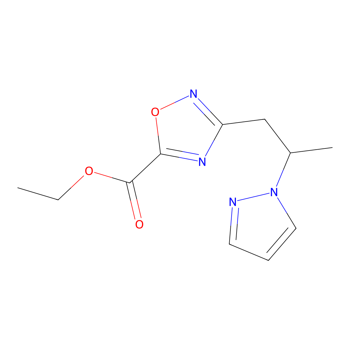 Ethyl 3-(2-(1H-pyrazol-1-yl)propyl)-1,2,4-oxadiazole-5-carboxylate molecular structure, CAS 1170088-37-5