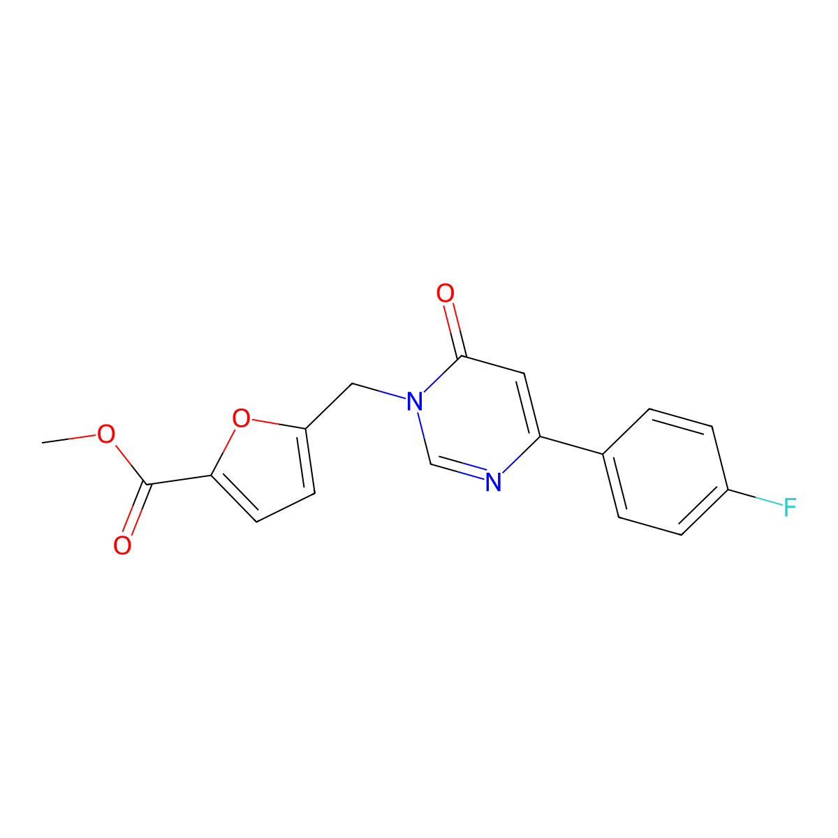 methyl 5-((4-(4-fluorophenyl)-6-oxopyrimidin-1(6H)-yl)methyl)furan-2-carboxylate molecular structure, CAS 1170091-74-3