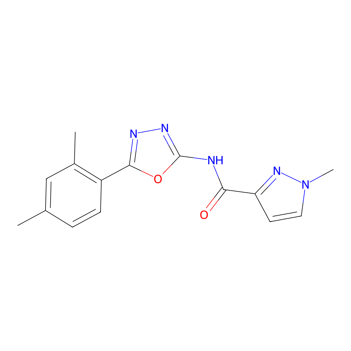 N-(5-(2,4-dimethylphenyl)-1,3,4-oxadiazol-2-yl)-1-methyl-1H-pyrazole-3-carboxamide molecular structure, CAS 1170092-60-0