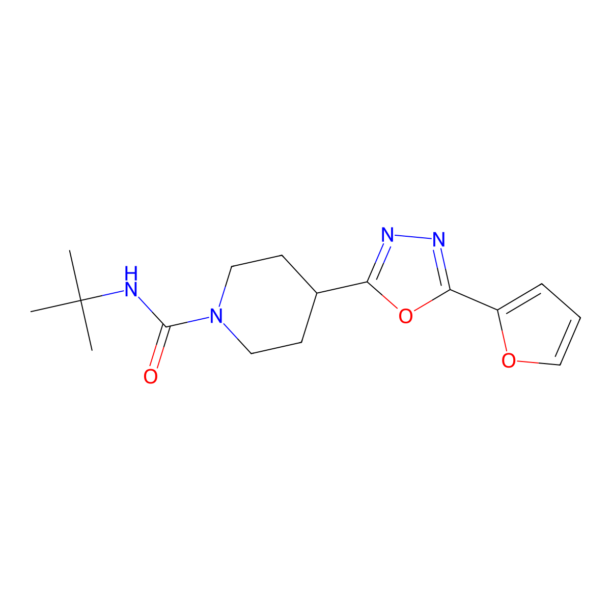 N-(tert-butyl)-4-(5-(furan-2-yl)-1,3,4-oxadiazol-2-yl)piperidine-1-carboxamide molecular structure, CAS 1170092-63-3