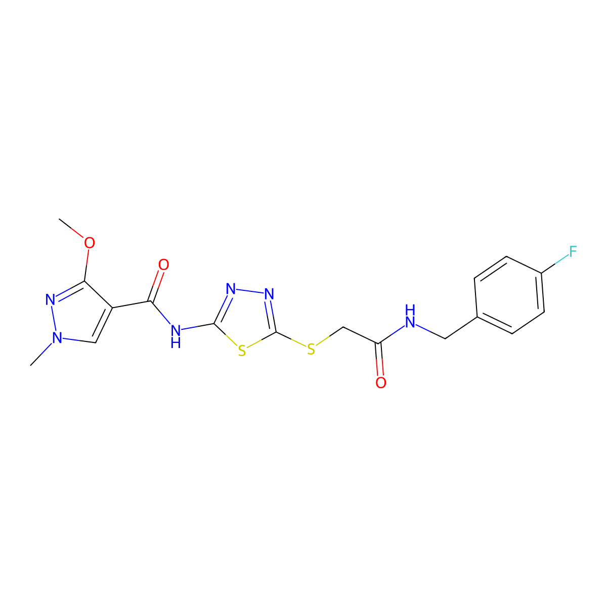 N-(5-((2-((4-fluorobenzyl)amino)-2-oxoethyl)thio)-1,3,4-thiadiazol-2-yl)-3-methoxy-1-methyl-1H-pyrazole-4-carboxamide molecular structure, CAS 1170092-76-8
