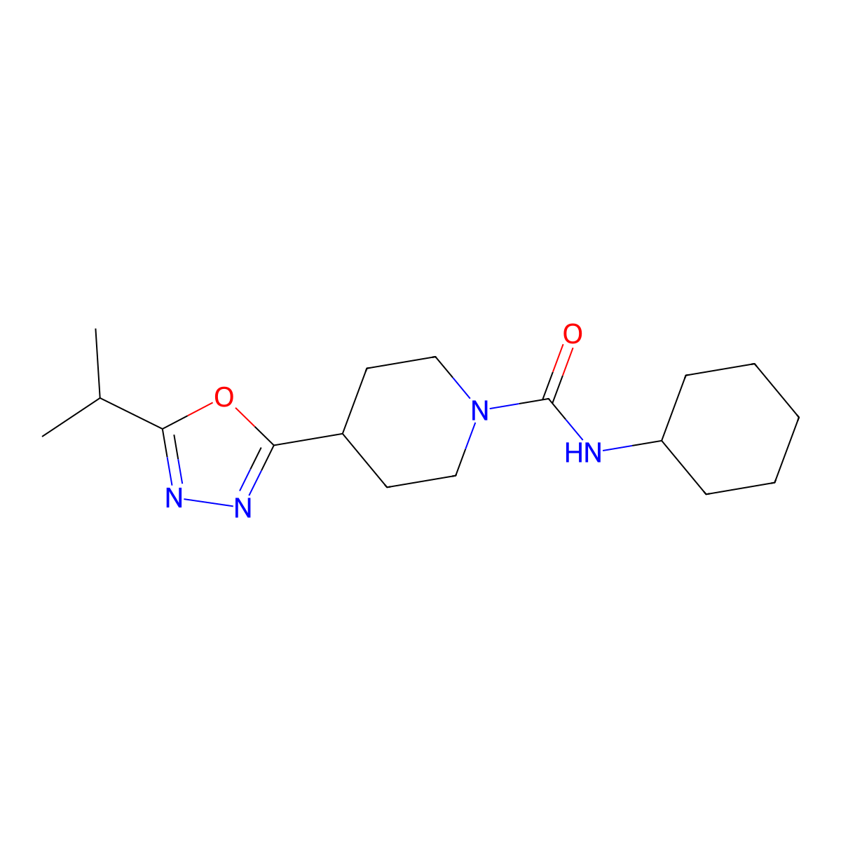 N-cyclohexyl-4-(5-isopropyl-1,3,4-oxadiazol-2-yl)piperidine-1-carboxamide molecular structure, CAS 1170094-98-0