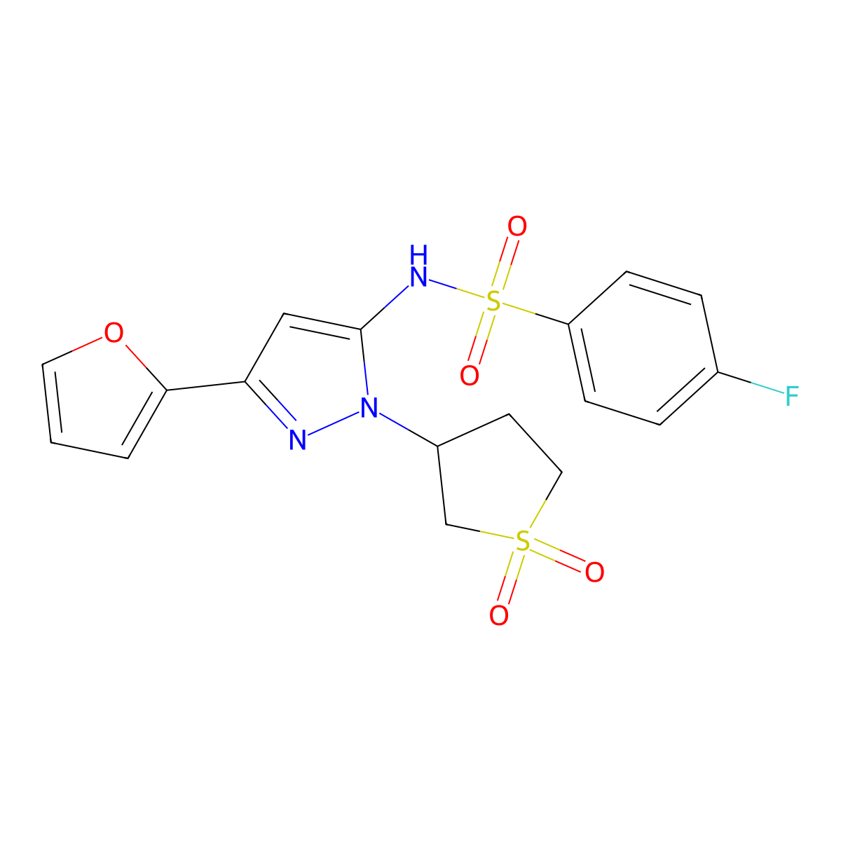 N-(1-(1,1-dioxidotetrahydrothiophen-3-yl)-3-(furan-2-yl)-1H-pyrazol-5-yl)-4-fluorobenzenesulfonamide molecular structure, CAS 1170097-86-5