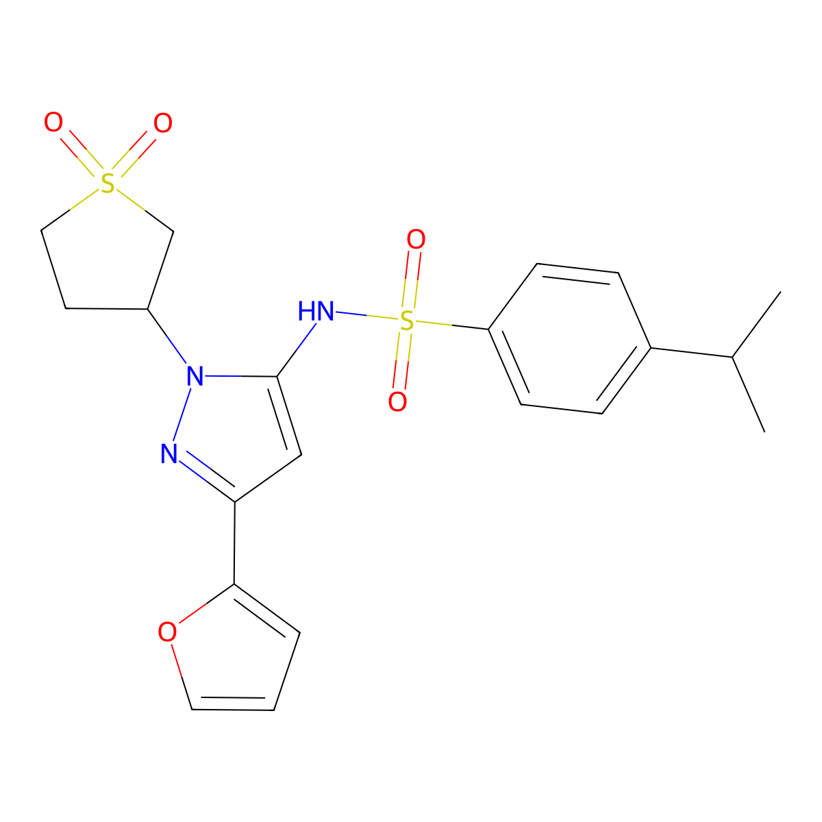 N-(1-(1,1-dioxidotetrahydrothiophen-3-yl)-3-(furan-2-yl)-1H-pyrazol-5-yl)-4-isopropylbenzenesulfonamide molecular structure, CAS 1170099-31-6
