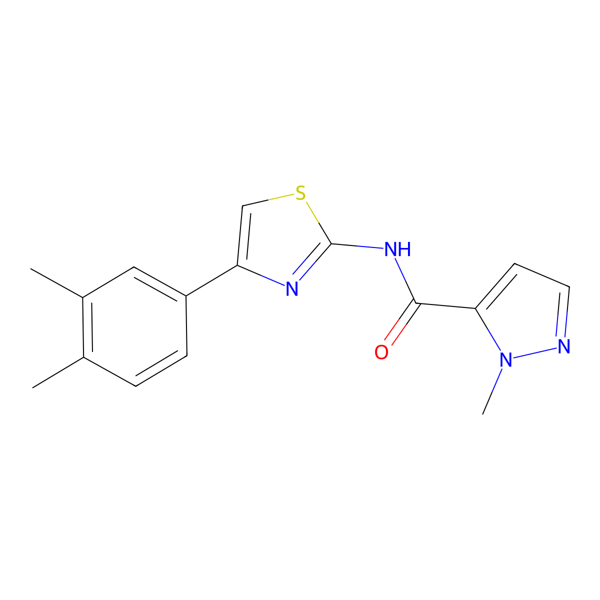 N-(4-(3,4-dimethylphenyl)thiazol-2-yl)-1-methyl-1H-pyrazole-5-carboxamide molecular structure, CAS 1170102-27-8