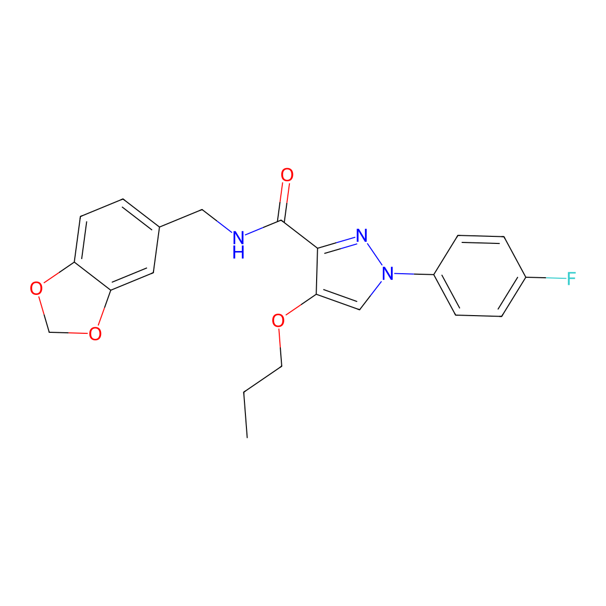 N-(benzo[d][1,3]dioxol-5-ylmethyl)-1-(4-fluorophenyl)-4-propoxy-1H-pyrazole-3-carboxamide molecular structure, CAS 1170103-07-7