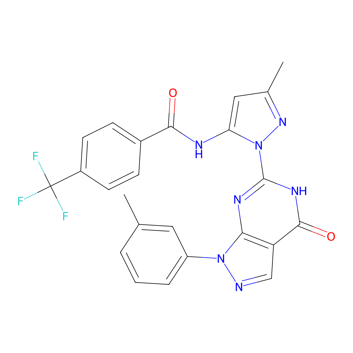 N-(3-methyl-1-(4-oxo-1-(m-tolyl)-4,5-dihydro-1H-pyrazolo[3,4-d]pyrimidin-6-yl)-1H-pyrazol-5-yl)-4-(trifluoromethyl)benzamide molecular structure, CAS 1170106-93-0