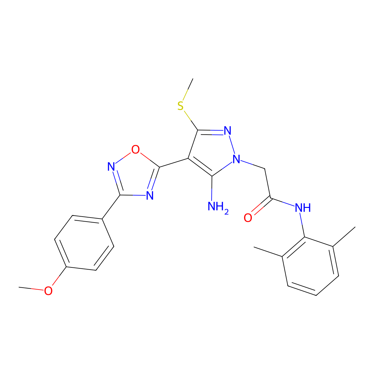 2-{5-amino-4-[3-(4-methoxyphenyl)-1,2,4-oxadiazol-5-yl]-3-(methylsulfanyl)-1H-pyrazol-1-yl}-N-(2,6-dimethylphenyl)acetamide molecular structure, CAS 1170108-19-6