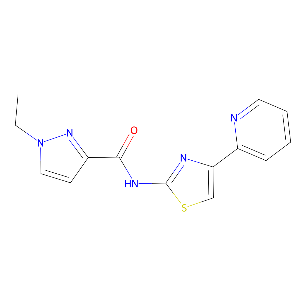 1-ethyl-N-(4-(pyridin-2-yl)thiazol-2-yl)-1H-pyrazole-3-carboxamide molecular structure, CAS 1170110-22-1