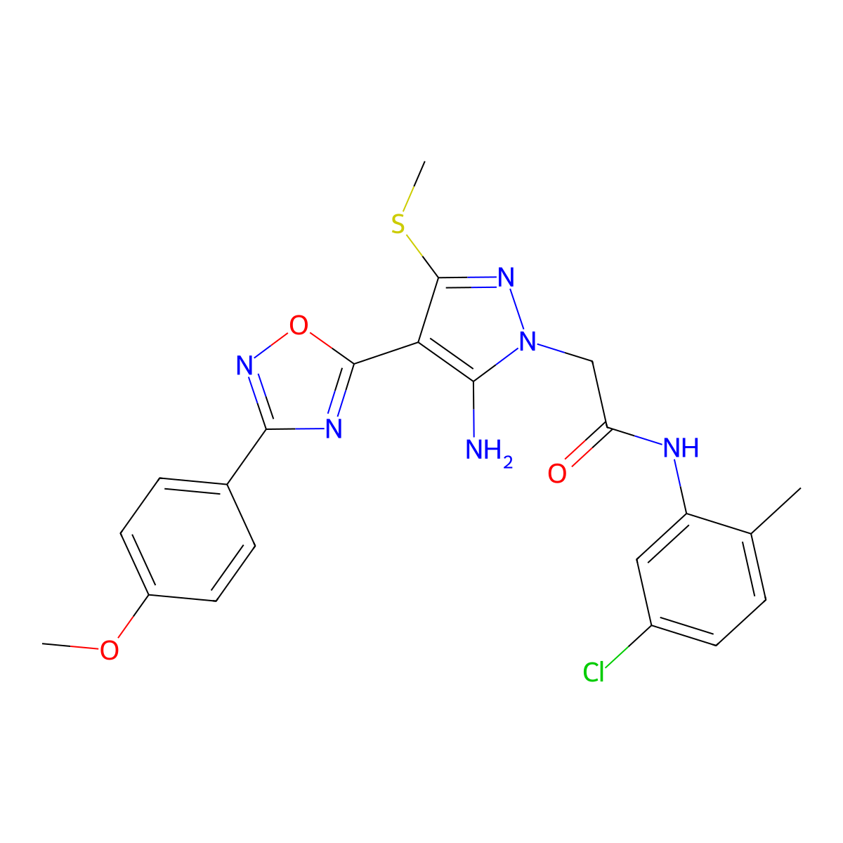 2-{5-amino-4-[3-(4-methoxyphenyl)-1,2,4-oxadiazol-5-yl]-3-(methylsulfanyl)-1H-pyrazol-1-yl}-N-(5-chloro-2-methylphenyl)acetamide molecular structure, CAS 1170111-39-3