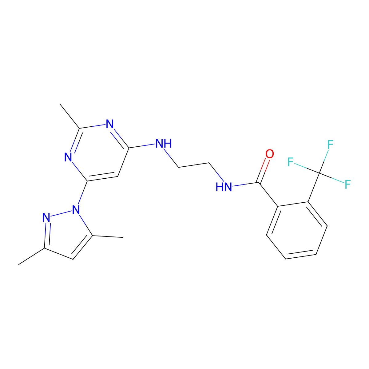 N-(2-((6-(3,5-dimethyl-1H-pyrazol-1-yl)-2-methylpyrimidin-4-yl)amino)ethyl)-2-(trifluoromethyl)benzamide molecular structure, CAS 1170114-42-7