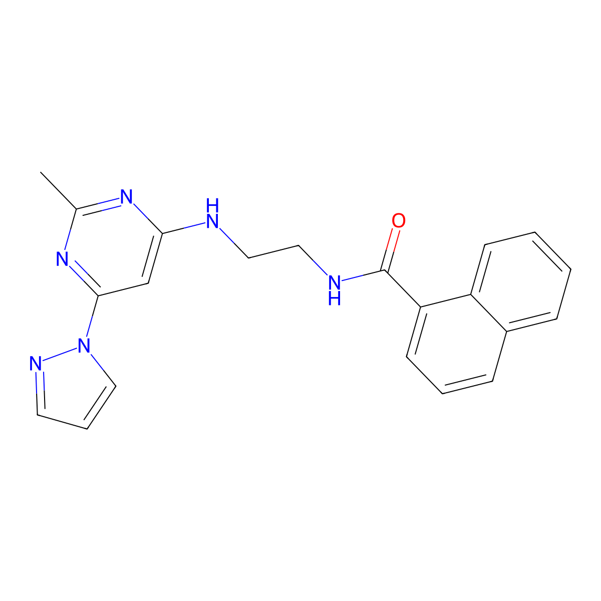 N-(2-((2-methyl-6-(1H-pyrazol-1-yl)pyrimidin-4-yl)amino)ethyl)-1-naphthamide molecular structure, CAS 1170115-87-3