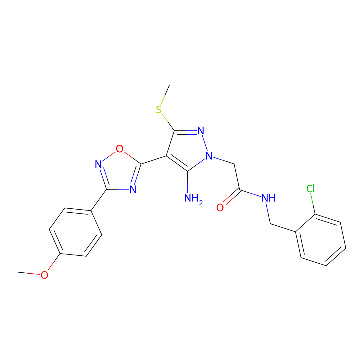2-{5-amino-4-[3-(4-methoxyphenyl)-1,2,4-oxadiazol-5-yl]-3-(methylsulfanyl)-1H-pyrazol-1-yl}-N-[(2-chlorophenyl)methyl]acetamide molecular structure, CAS 1170116-31-0