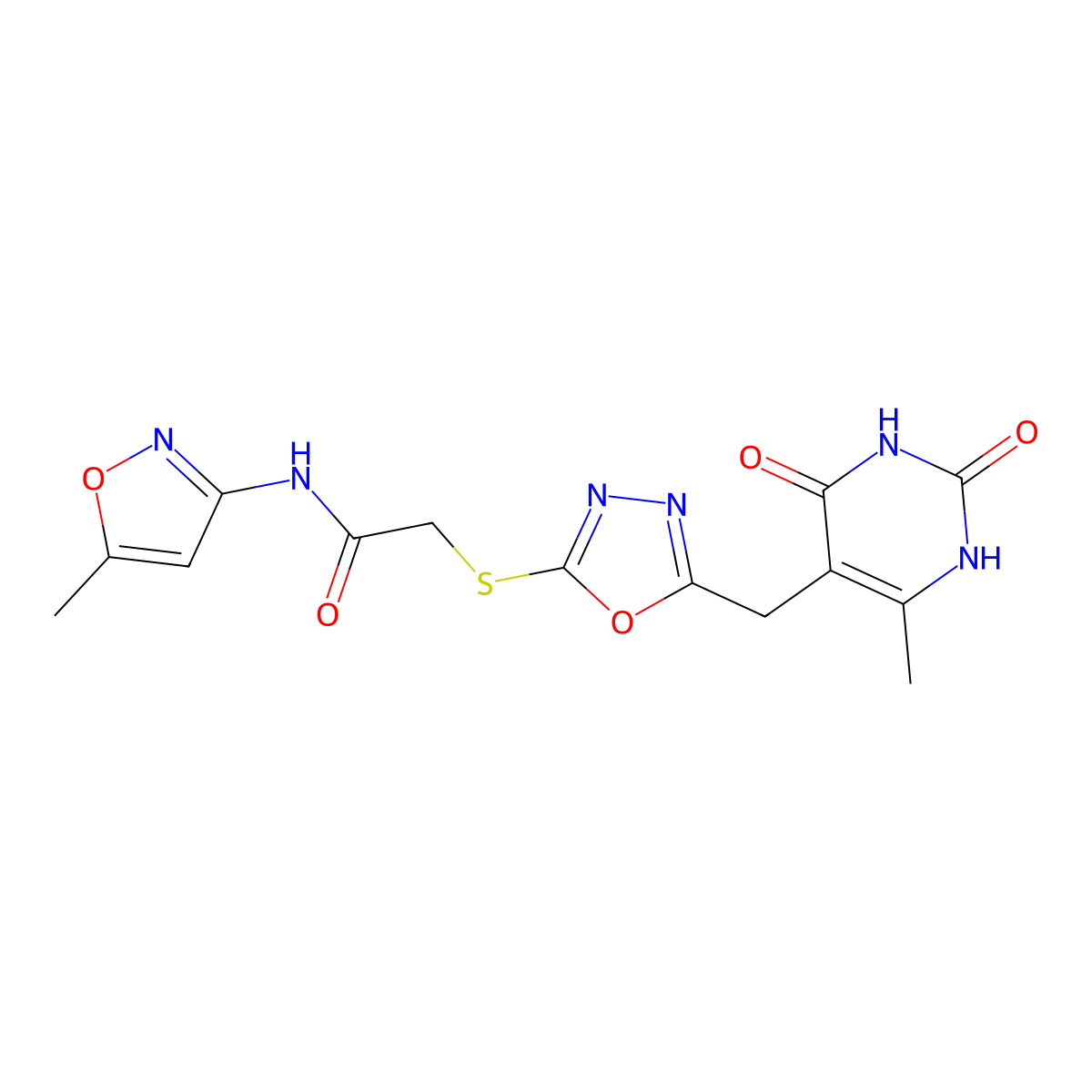 2-((5-((6-methyl-2,4-dioxo-1,2,3,4-tetrahydropyrimidin-5-yl)methyl)-1,3,4-oxadiazol-2-yl)thio)-N-(5-methylisoxazol-3-yl)acetamide molecular structure, CAS 1170120-98-5