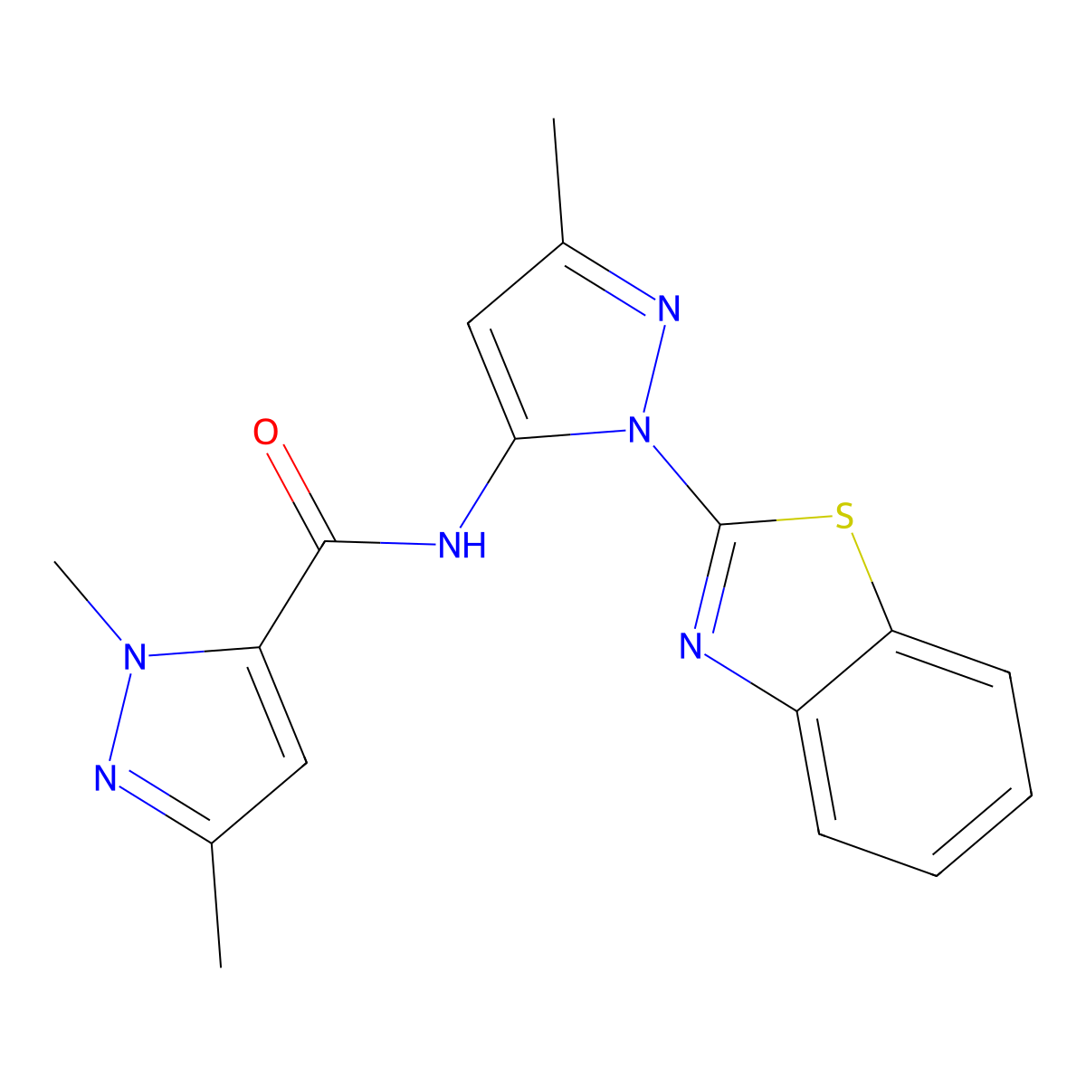 N-(1-(benzo[d]thiazol-2-yl)-3-methyl-1H-pyrazol-5-yl)-1,3-dimethyl-1H-pyrazole-5-carboxamide molecular structure, CAS 1170122-60-7