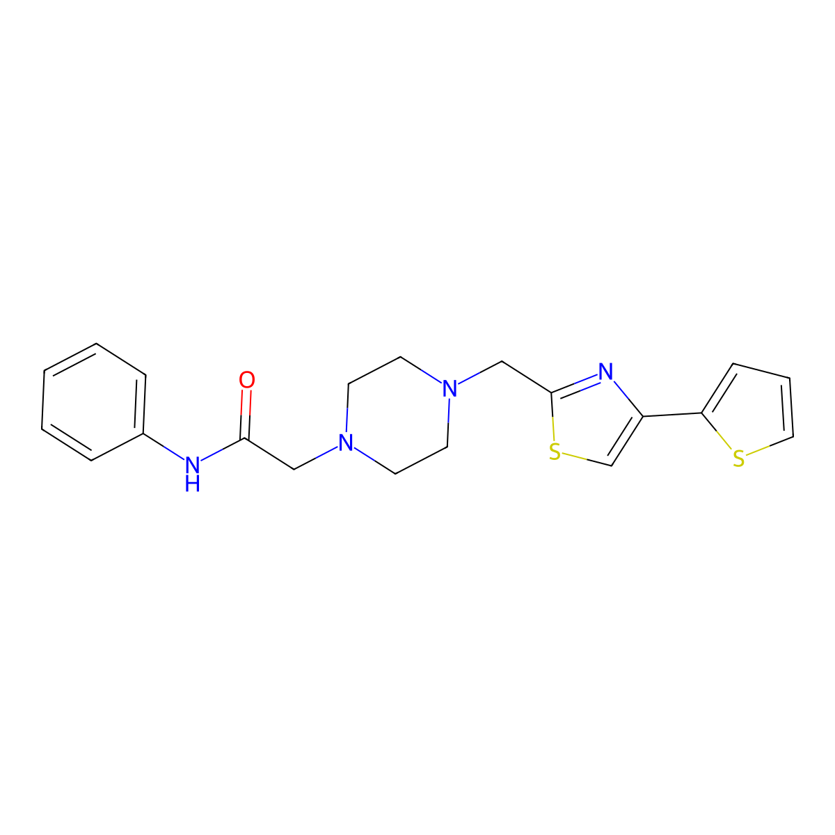 N-Phenyl-2-(4-((4-(thiophen-2-yl)thiazol-2-yl)methyl)piperazin-1-yl)acetamide molecular structure, CAS 1170122-61-8