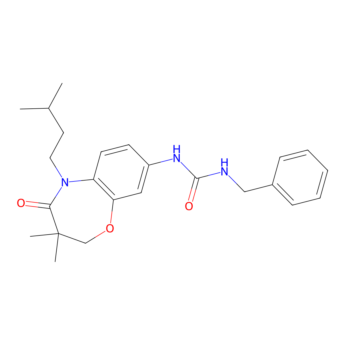 1-Benzyl-3-(5-isopentyl-3,3-dimethyl-4-oxo-2,3,4,5-tetrahydrobenzo[b][1,4]oxazepin-8-yl)urea molecular structure, CAS 1170124-00-1