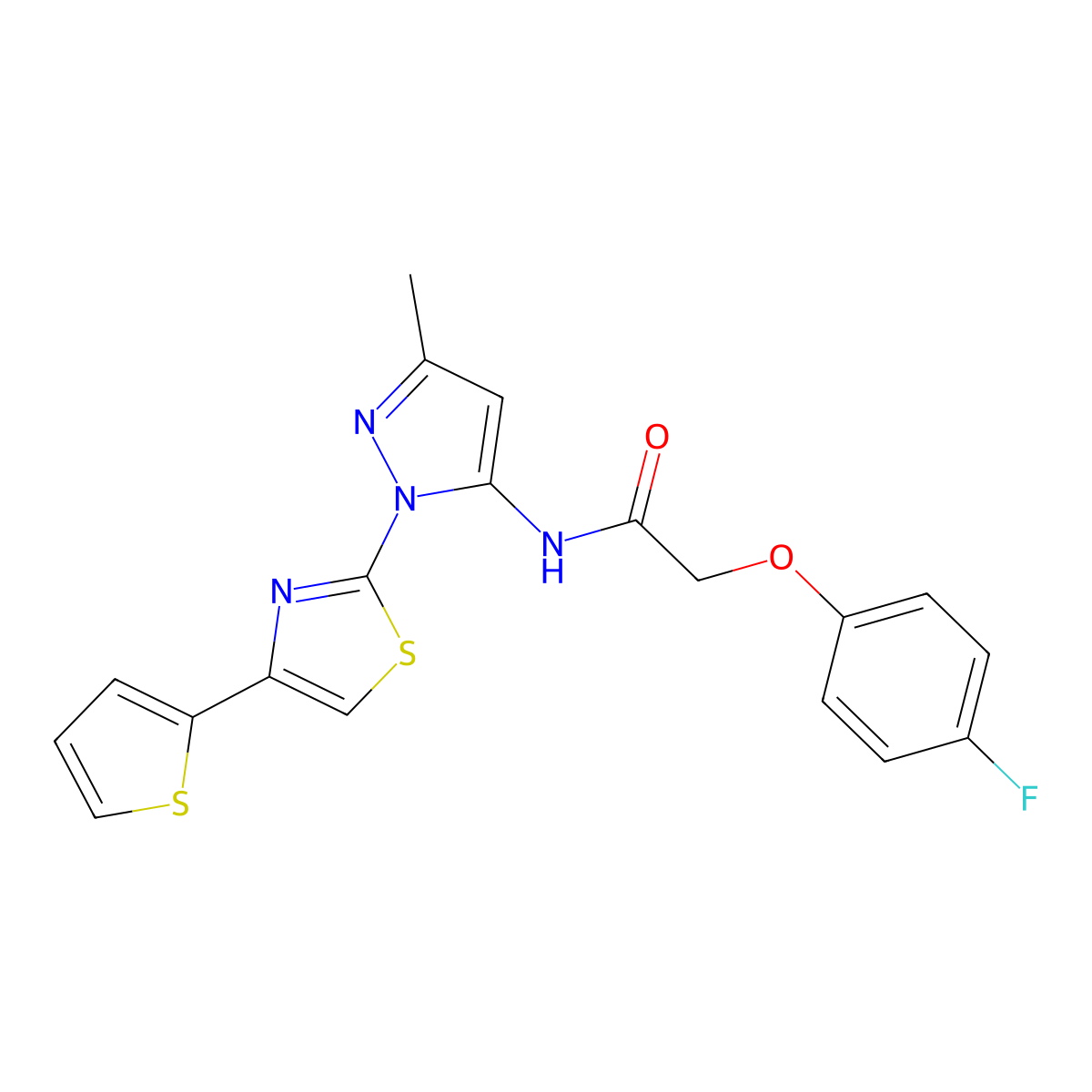 2-(4-fluorophenoxy)-N-(3-methyl-1-(4-(thiophen-2-yl)thiazol-2-yl)-1H-pyrazol-5-yl)acetamide molecular structure, CAS 1170124-26-1