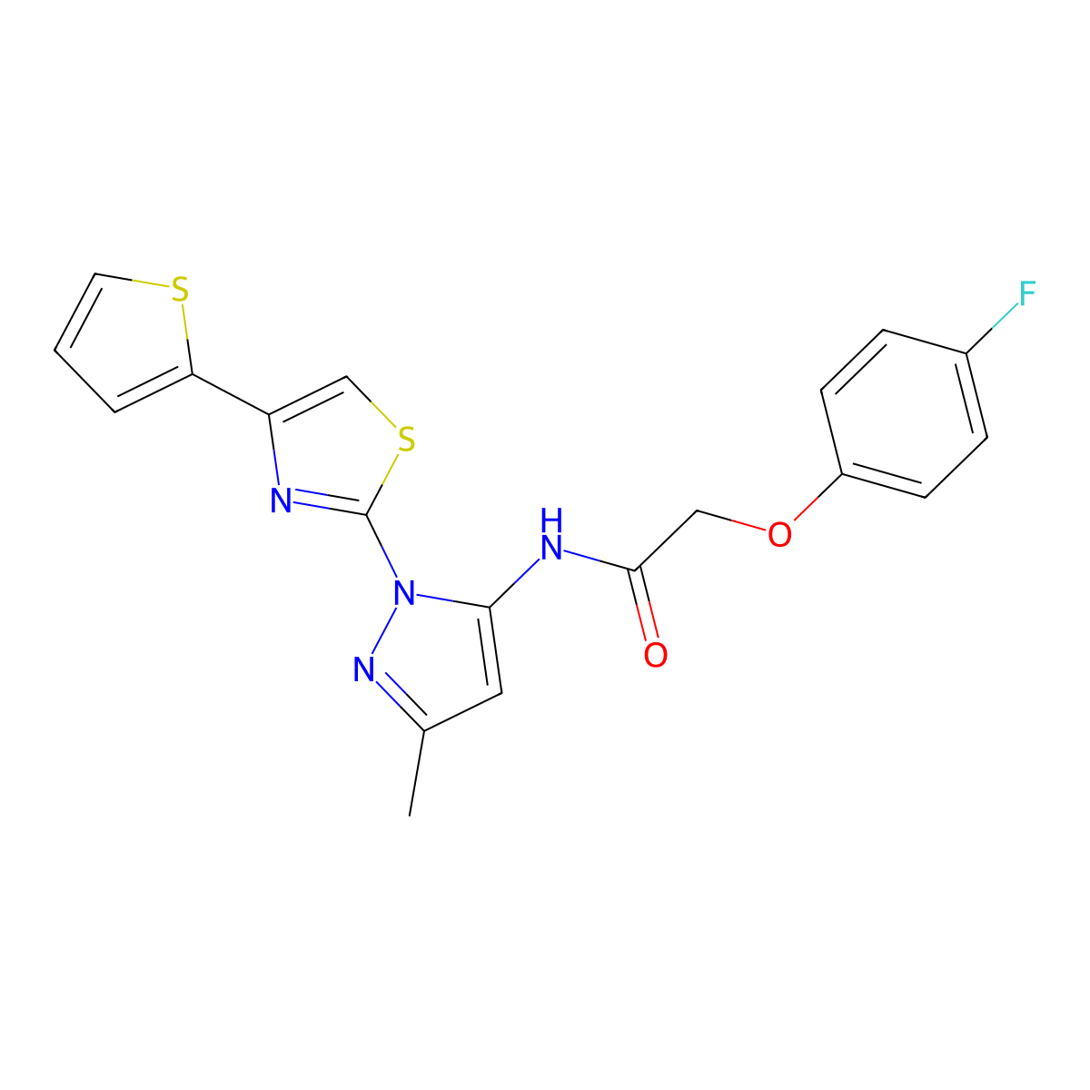 2-(4-fluorophenoxy)-N-(3-methyl-1-(4-(thiophen-2-yl)thiazol-2-yl)-1H-pyrazol-5-yl)acetamide molecular structure, CAS 1170124-26-1