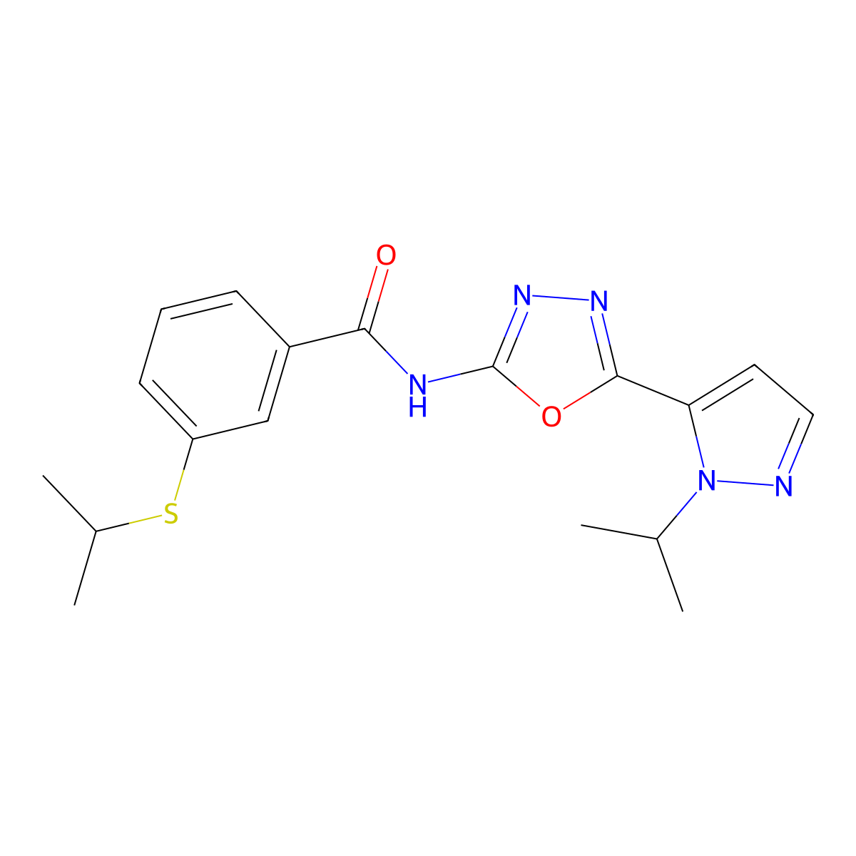 N-{5-[1-(propan-2-yl)-1H-pyrazol-5-yl]-1,3,4-oxadiazol-2-yl}-3-(propan-2-ylsulfanyl)benzamide molecular structure, CAS 1170128-92-3