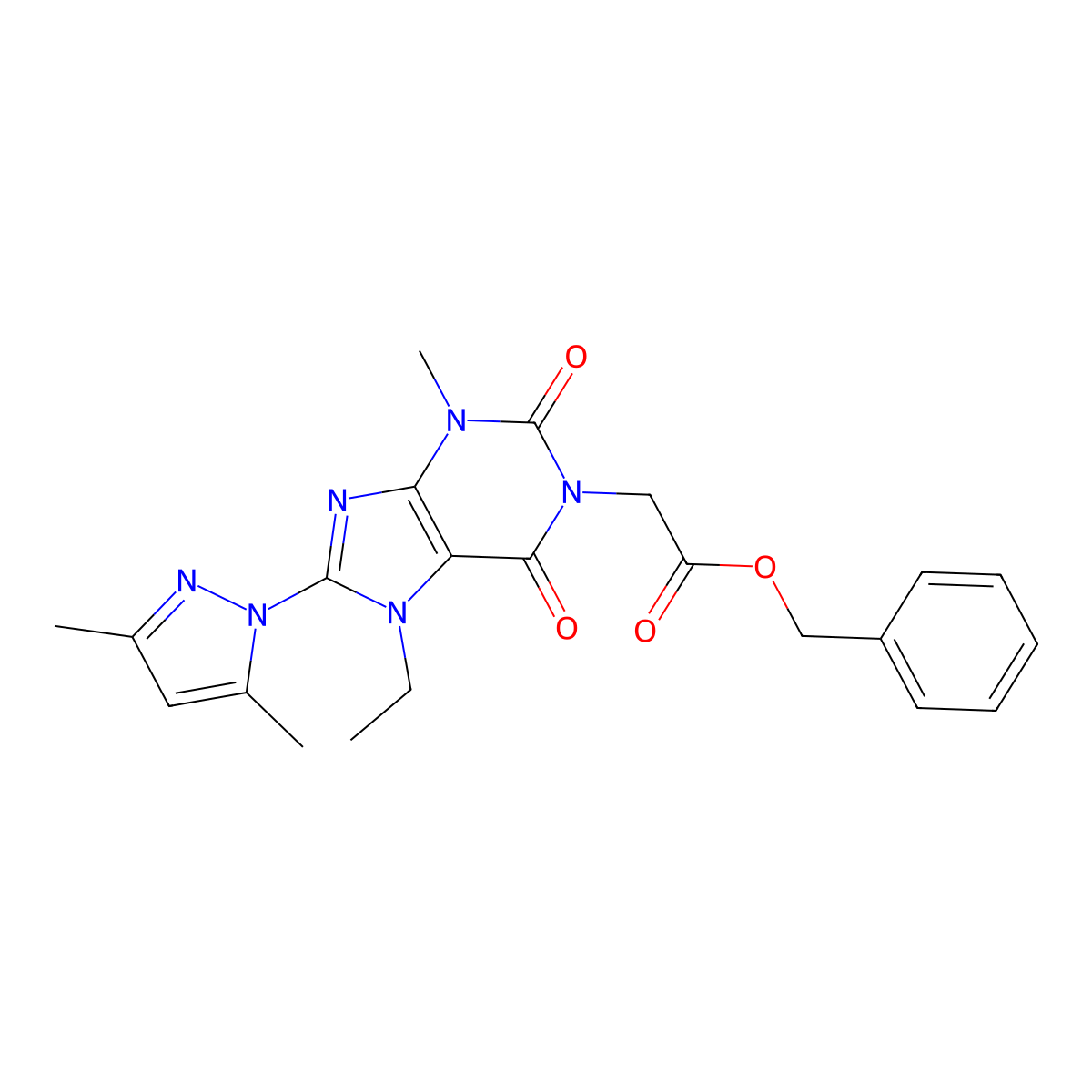 benzyl 2-(8-(3,5-dimethyl-1H-pyrazol-1-yl)-7-ethyl-3-methyl-2,6-dioxo-2,3,6,7-tetrahydro-1H-purin-1-yl)acetate molecular structure, CAS 1170128-95-6
