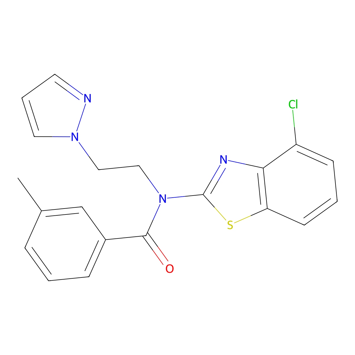 N-(2-(1H-pyrazol-1-yl)ethyl)-N-(4-chlorobenzo[d]thiazol-2-yl)-3-methylbenzamide molecular structure, CAS 1170132-74-7
