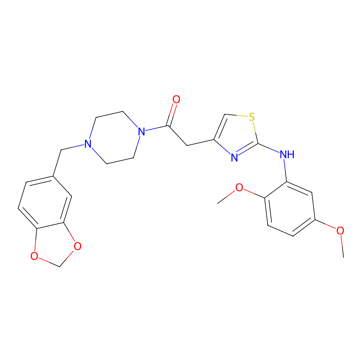 1-(4-(Benzo[d][1,3]dioxol-5-ylmethyl)piperazin-1-yl)-2-(2-((2,5-dimethoxyphenyl)amino)thiazol-4-yl)ethanone molecular structure, CAS 1170133-32-0