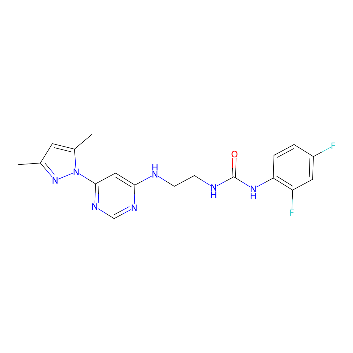 1-(2,4-difluorophenyl)-3-(2-((6-(3,5-dimethyl-1H-pyrazol-1-yl)pyrimidin-4-yl)amino)ethyl)urea molecular structure, CAS 1170134-52-7