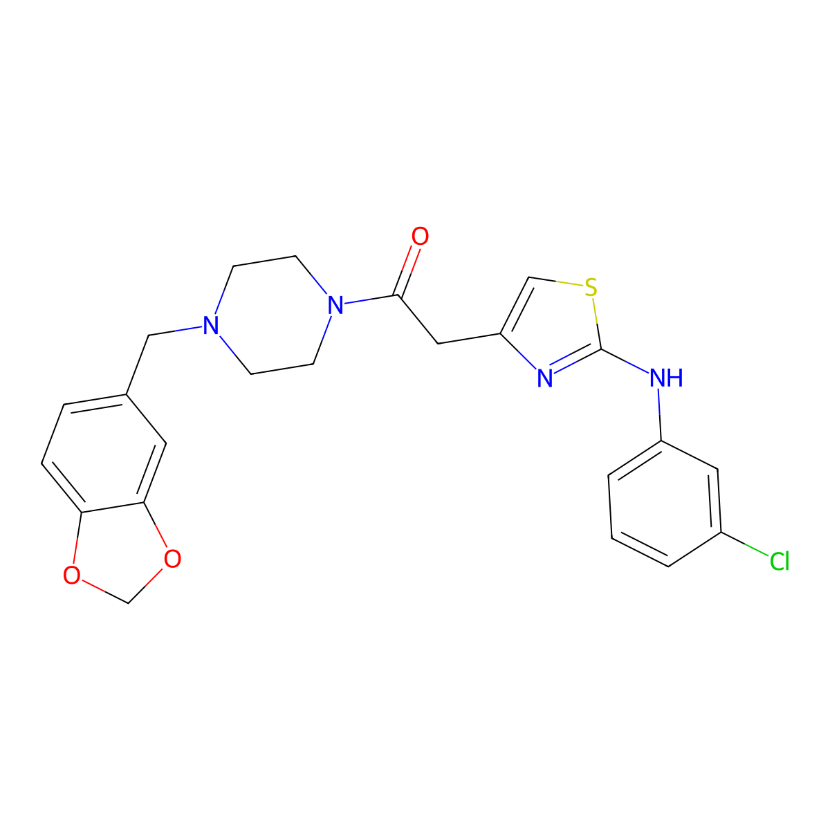 1-(4-(Benzo[d][1,3]dioxol-5-ylmethyl)piperazin-1-yl)-2-(2-((3-chlorophenyl)amino)thiazol-4-yl)ethanone molecular structure, CAS 1170135-42-8