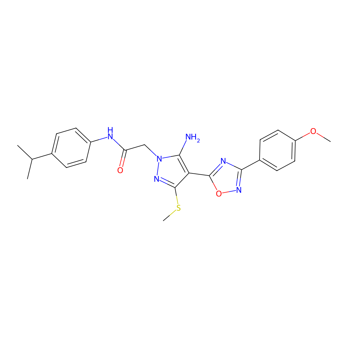 2-{5-amino-4-[3-(4-methoxyphenyl)-1,2,4-oxadiazol-5-yl]-3-(methylsulfanyl)-1H-pyrazol-1-yl}-N-[4-(propan-2-yl)phenyl]acetamide molecular structure, CAS 1170136-63-6