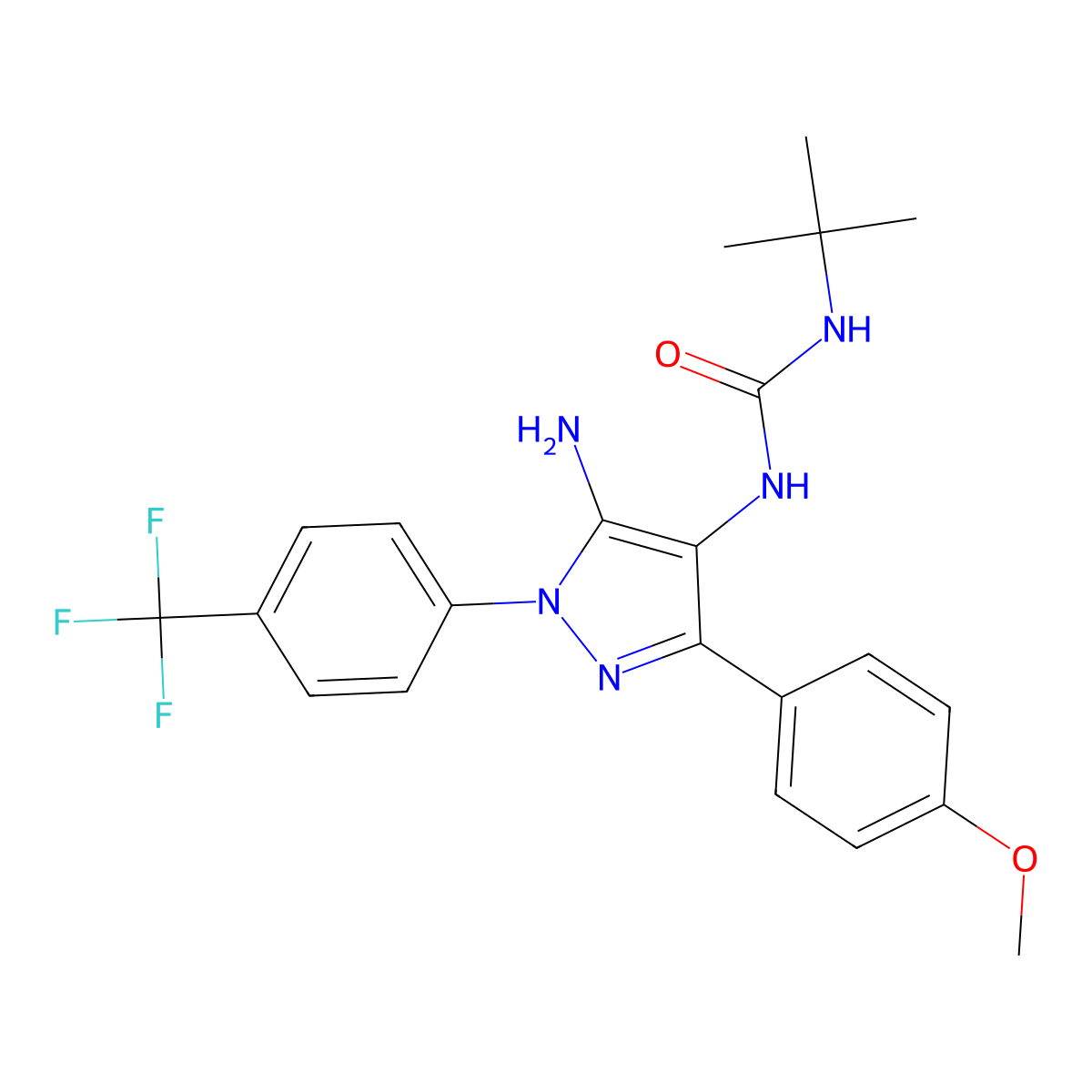 N-{5-amino-3-(4-methoxyphenyl)-1-[4-(trifluoromethyl)phenyl]-1H-pyrazol-4-yl}-N'-(tert-butyl)urea molecular structure, CAS 1170137-53-7